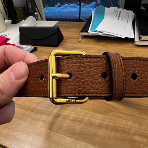 GUCCI WOMENS BROWN LEATHER & DENIM SQUARE BUCKLE BELT sz 70 NEW Authentic main image 16